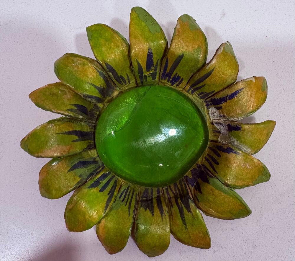 Amazing VTG LRG GREEN PAINTED LEATHER BROOCH w/RESIN CENTER Signed!